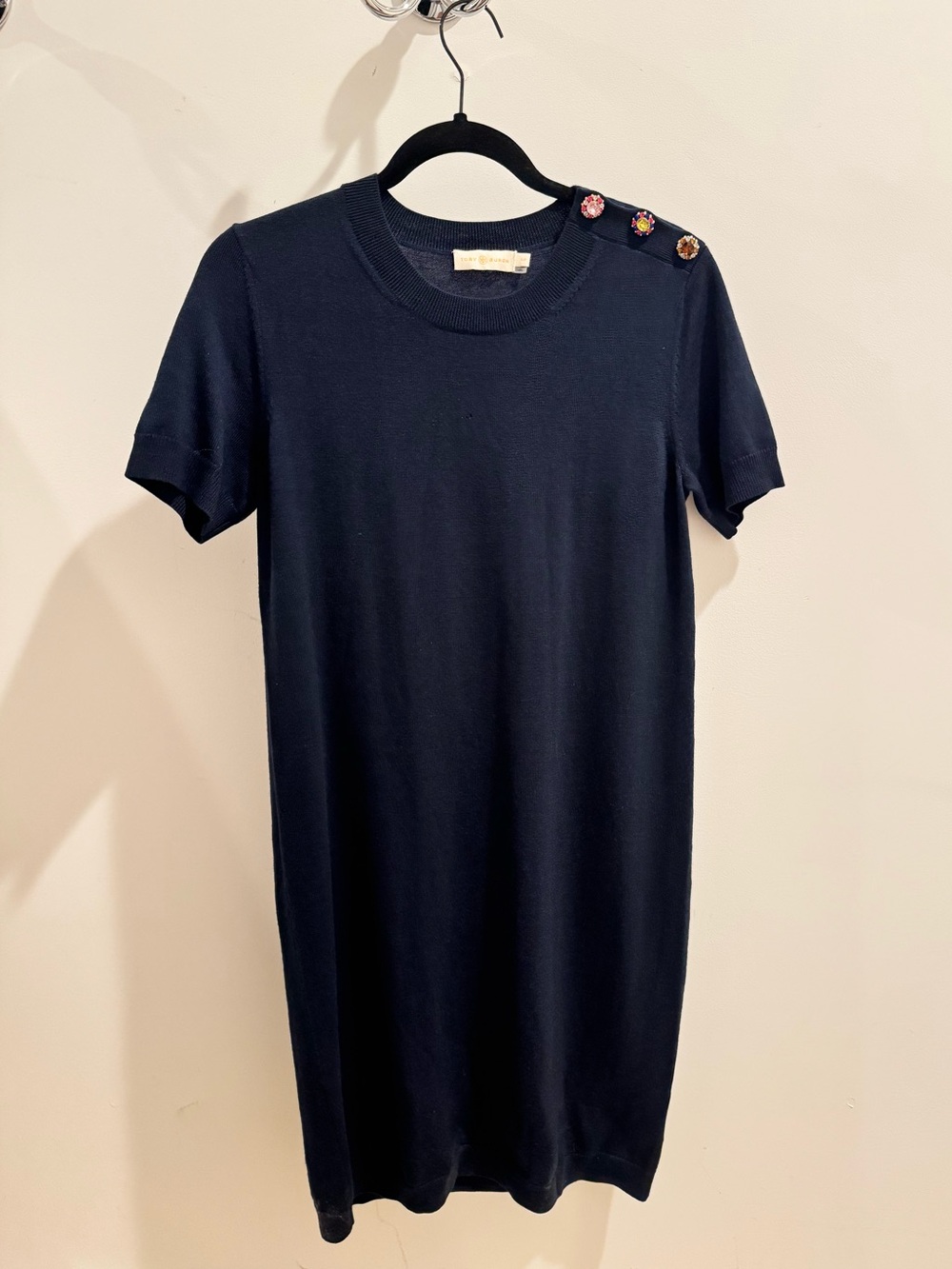 Classic Short-Sleeve Knit Dress in Navy with Shoulder Buttons